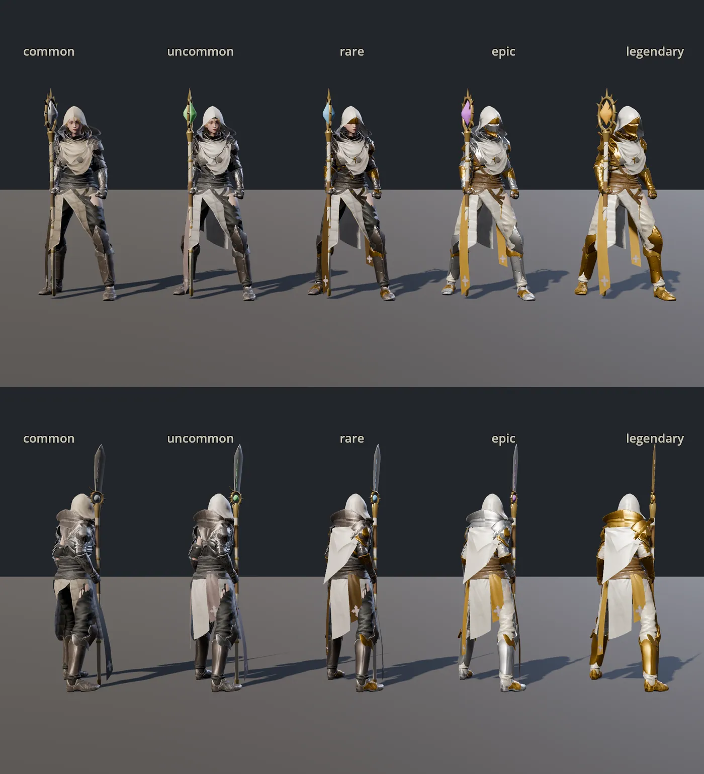 The Lightbinder in every armour tier, Common to Legendary