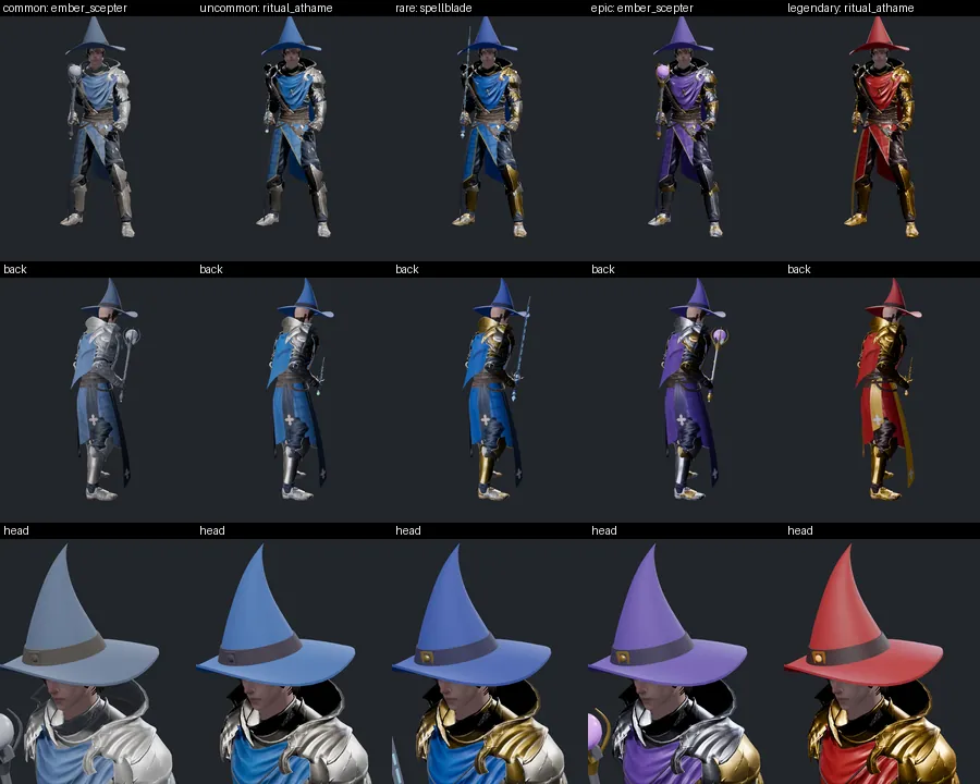 The Mage in every armour tier, Common to Legendary