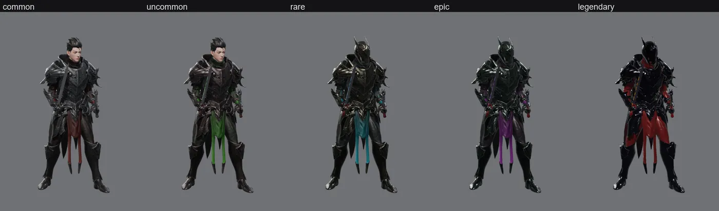 The Shadeblade in every armour tier, Common to Legendary