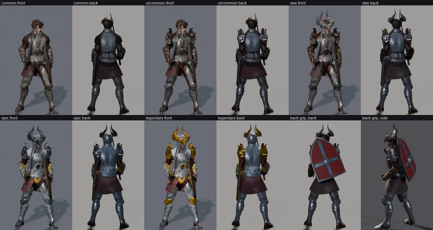 The Warden in every armour tier, Common to Legendary