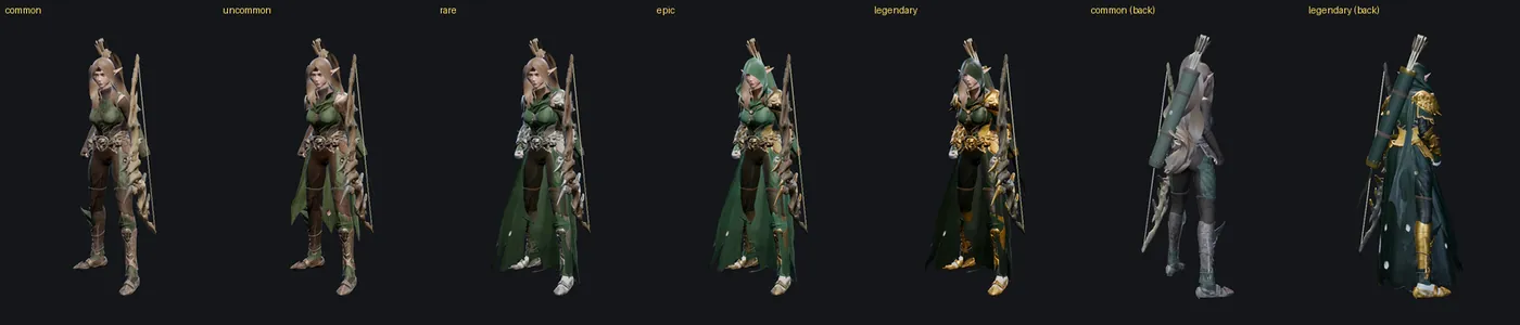 The Wildstalker in every armour tier, Common to Legendary